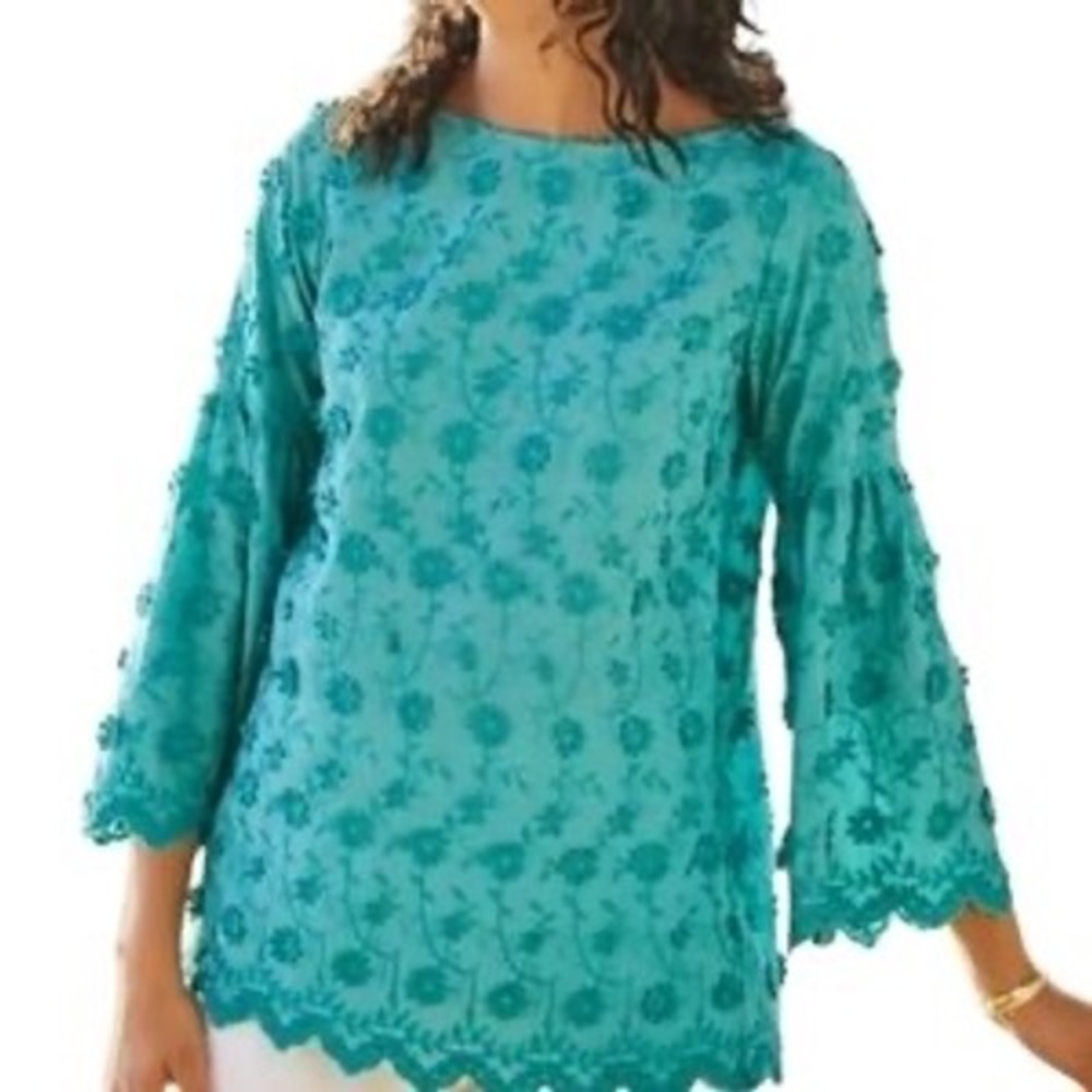 Soft Surroundings Rosalie Daisy Blouse Womens Large Teal Blue Bell Sleeve NWT
